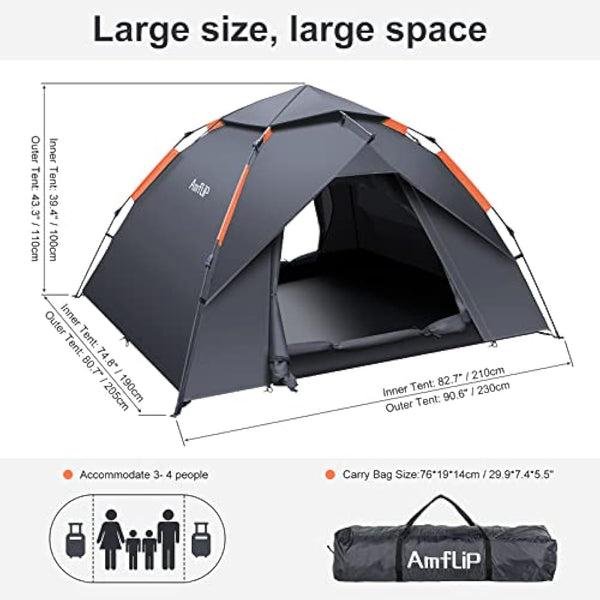 Amflip Camping Tent Automatic 3 Man Person Instant Tent Pop Up Ultralight Dome Tent 4 Seasons Waterproof & Windproof Camping Tent with Removable Outer Tarpaulin, Double Layers
