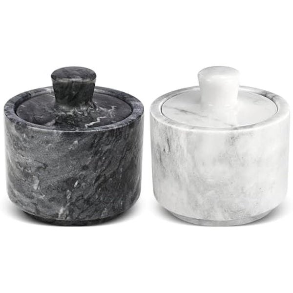 Flexzion Marble Salt Cellar with Lid - Salt and Pepper Bowls Dish Container for Kitchen - Marble Pepper Jar Storage Box Holder for Paprika, Herbs, Sugar, Jewelry & Watches (Set of 2, Black & White)