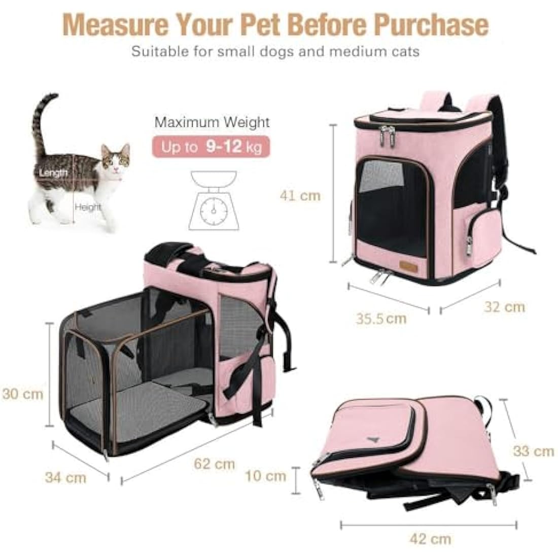 Lekesky Expandable Cat Carrier Backpack - Portable Breathable Rucksack for Medium and Small Cats & Dogs, Foldable with Inner Escape-proof Leash and Pet Mat, Supports 25 lbs (Pink)