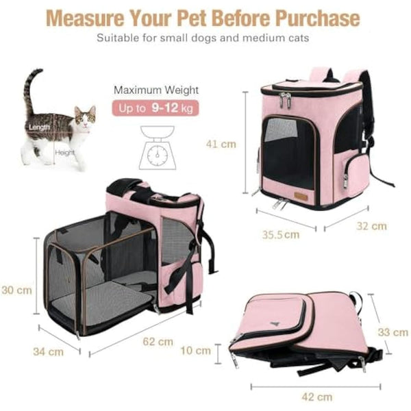 Lekesky Expandable Cat Carrier Backpack - Portable Breathable Rucksack for Medium and Small Cats & Dogs, Foldable with Inner Escape-proof Leash and Pet Mat, Supports 25 lbs (Pink)