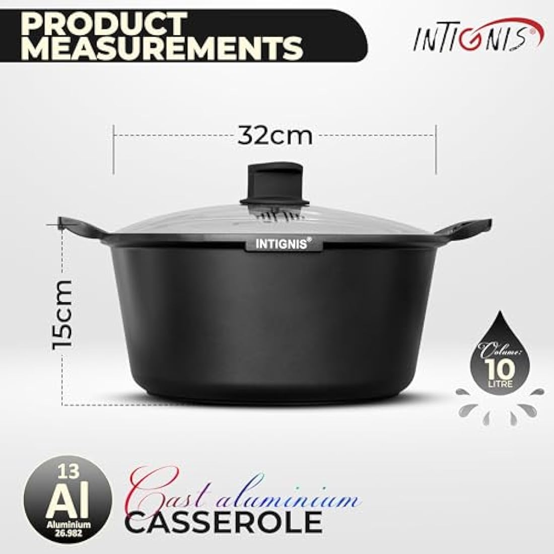 INTIGNIS® Casserole Pot with lid – Large 32cm | 10 Litre | 15 Inches – Induction Compatible – GREBLON Ceramic Non Stick Chemical Free Coating