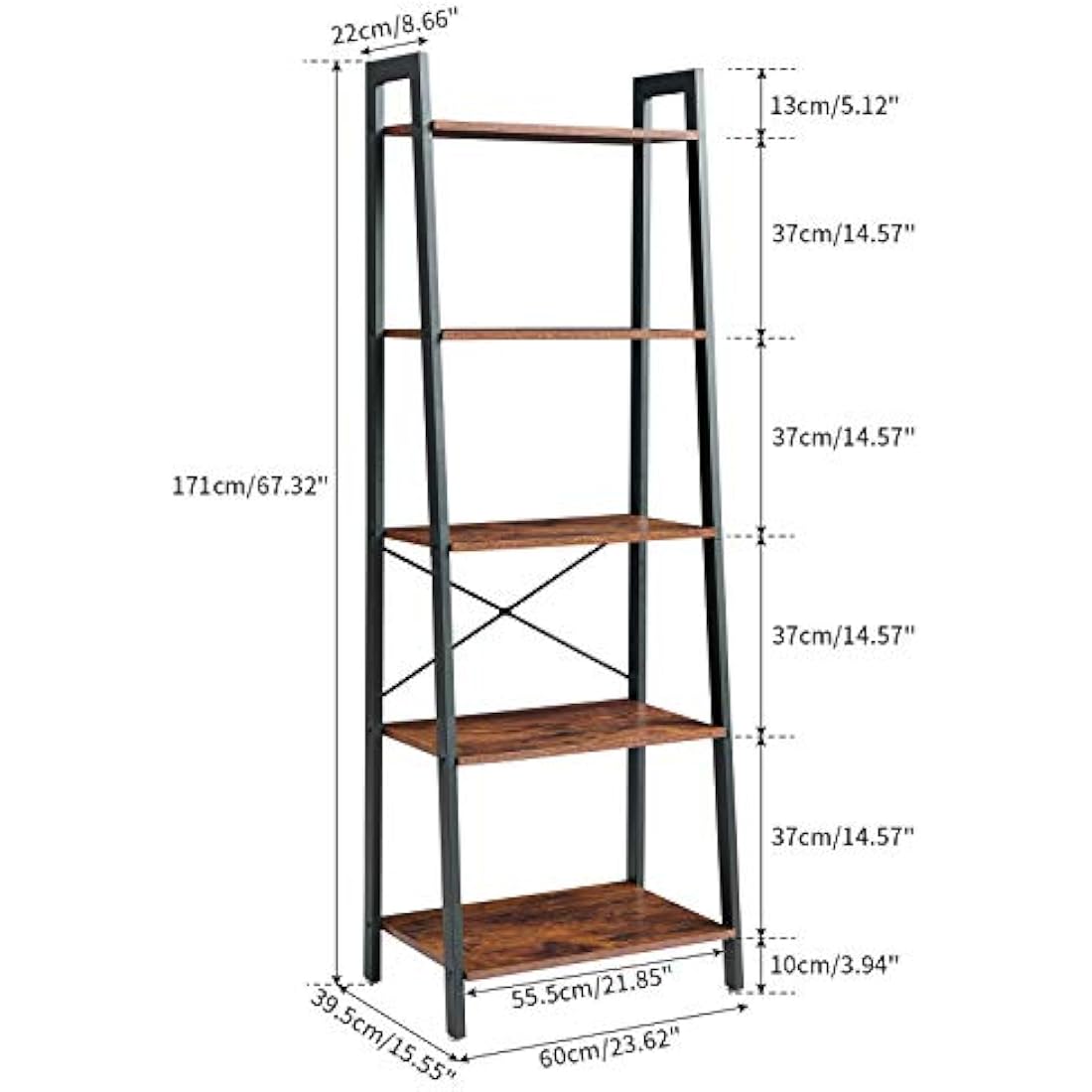 IBUYKE Ladder Shelf, 5-Tier Storage Organiser Shelves, 60x39.5x171cm, Plant Stand,Industrial Bookshelf, Living Room Bookcases, for Kitchen, Bedroom, Office TMJ017H-
