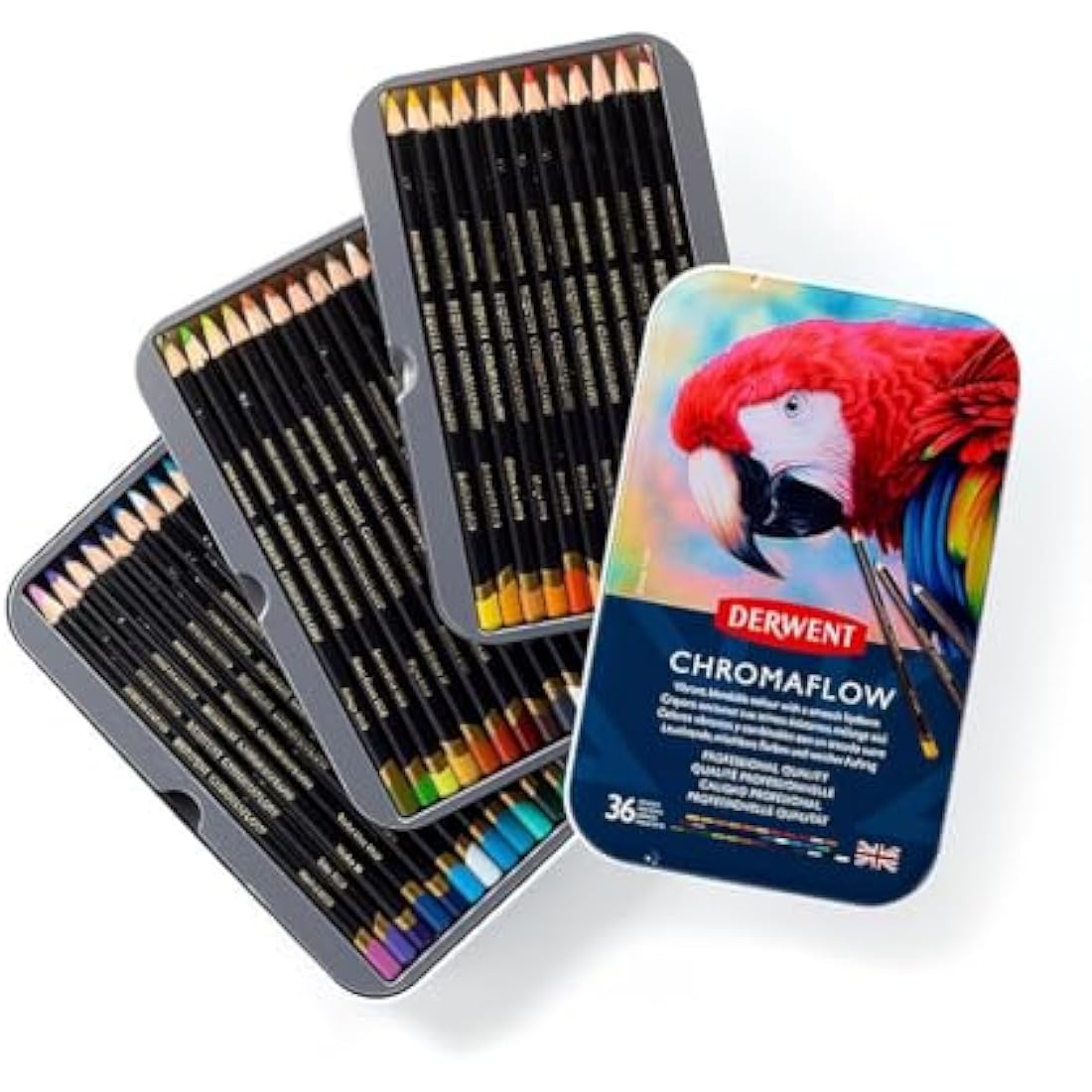 Derwent Chromaflow Pencils, Set of 36 in Tin, 3.5mm Round Core, Premium Core Strength, Blendable with Smooth Texture, Ideal for Drawing, Colouring & Layering, Professional Quality, 2306012