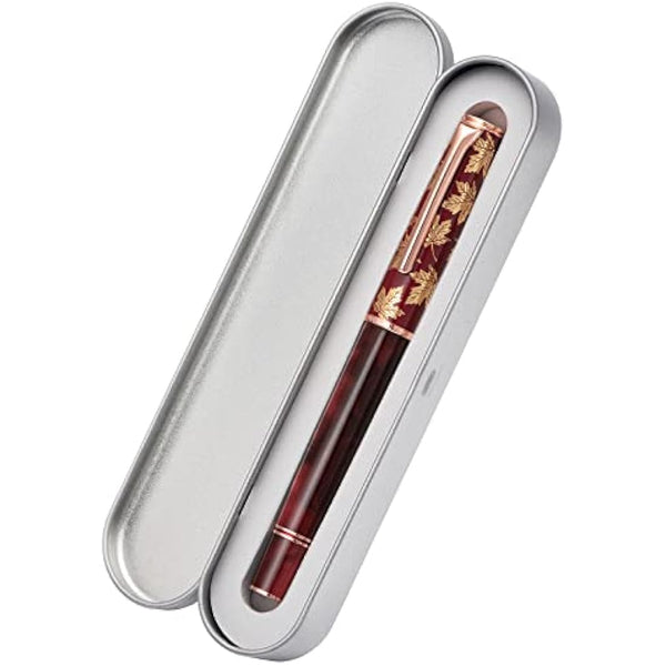 Hongdian N8 Red Acrylic Fountain Pen, Irdidium Long Blade Fine Nib Rose Gold Trim Maple Leaves Carving Cap, Smooth Writing Pen with Converter and Metal Pen Box Set