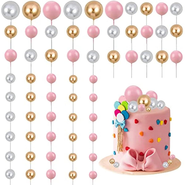 Gyufise 30Pcs Balls Cake Topper Foam Ball Cake Picks Mini Balloon DIY Cake Insert Topper Decoration for Baby Shower Wedding Anniversary Kids Birthday Party Cake Decorations Gold Silver Pink