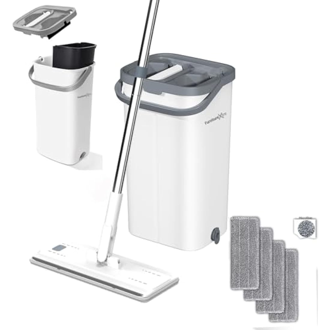 FurnitureXtra Mop and Bucket Set. Microfibre Flat Mop for Wet & Dry with Stainless Steel Handle, Twin Chamber Bucket Suitable for All Floor