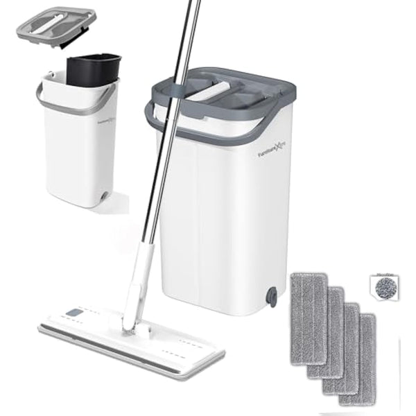 FurnitureXtra Mop and Bucket Set. Microfibre Flat Mop for Wet & Dry with Stainless Steel Handle, Twin Chamber Bucket Suitable for All Floor