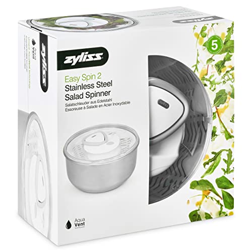Zyliss Easy Spin 2 Salad Spinner, Large 6L Capacity, Stainless Steel, Serving Bowl, Retractable Cord and Brake System/Non-Slip Base/Easy Cleaning,