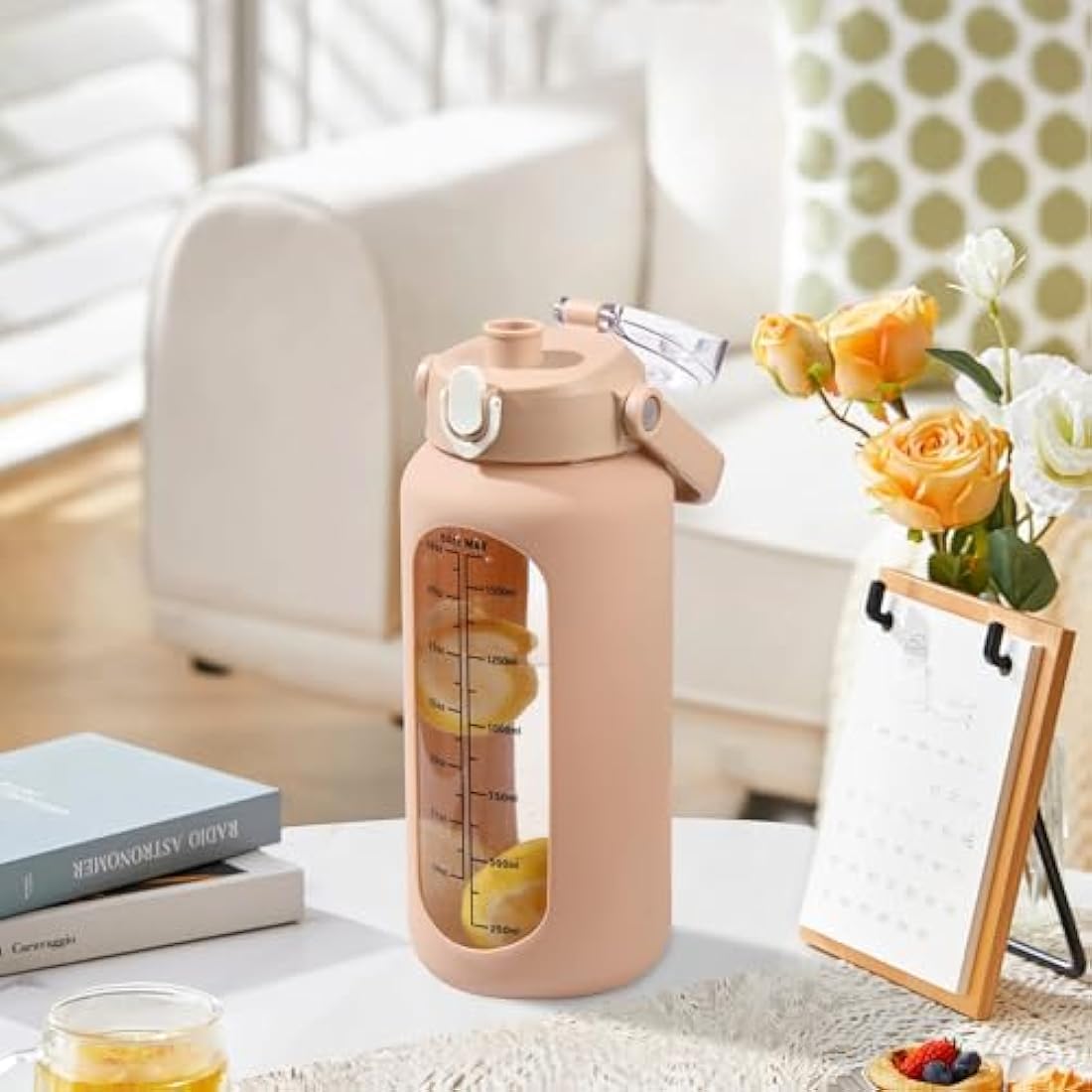 HYDRAGLAZIC 2L Glass Water Bottle with 2 Lids Flip and Chug Lids 2 Liter Large Water Jug with Time Marker and Silicone Sleeve BPA Free Leak-proof for Sports Gym, Amber