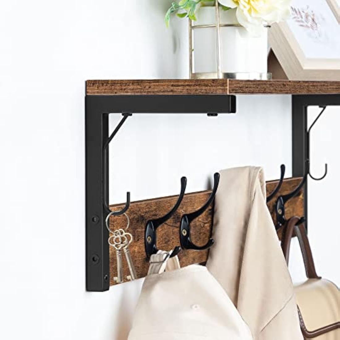 HOOBRO Coat Rack Shelf Wall-Mounted, Coat Hook with 7 Hooks and Shelf, 70 cm Hallway Coat Rack, Wall Floating Shelf with Hat Rack, for Bathroom, Kitchen, Laundry Room, Rustic Brown EBF16YM01