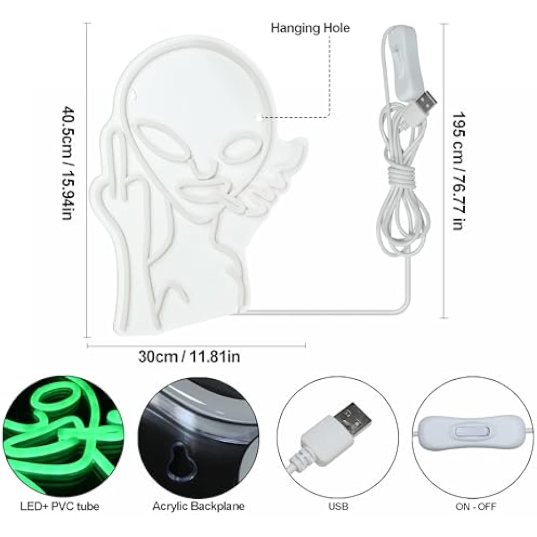 Alien Neon Sign, LED Neon Light for Wall Decoration, Party, Bar, Bedroom, Game Room, Christmas Decoration Neon Lights (Green)