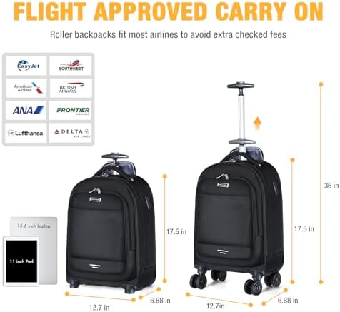 Ponhog Wheeled Backpack - 15.6 Inch Laptop Travel Backpack with 4 Spinner Wheels, Flight Approved Trolley Rucksack for Women & Men, Cabin Approved Carry On Luggage,Black