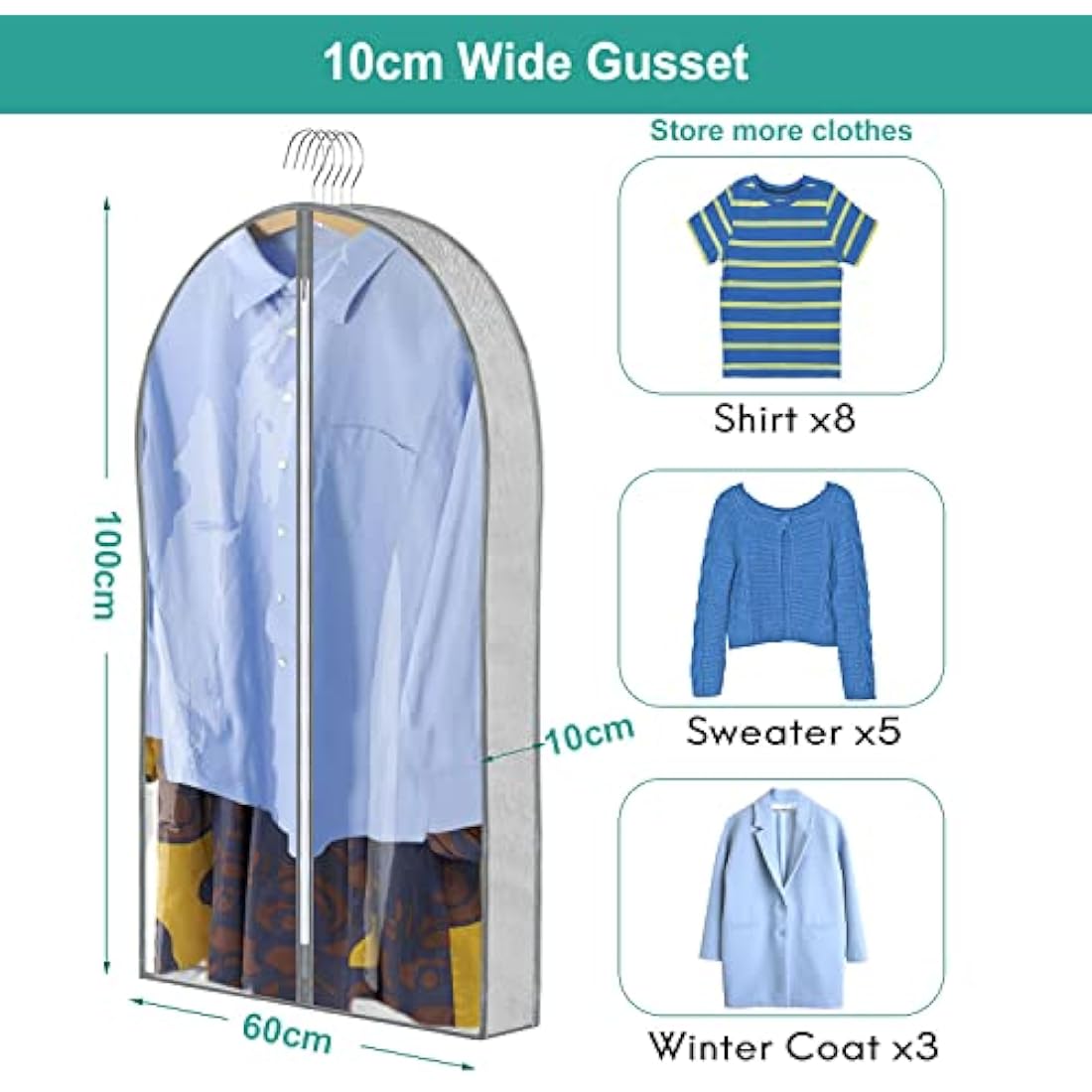 ZSURLUX Garment Bags for Clothes 60 x 100cm 2Pack, Moth Proof Clothes Covers with Zip, Hanging Storage Protector Bags for Wardrobe, Travel, Suitable for Suit, Coat, Jackets, Jumpers,etc. Grey