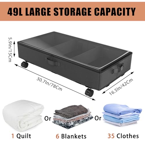 2 Pack Under Bed Storage Rolling Metal Frame Underbed Containers with Wheels Lid Visiable Window Storage Bag Box Organizer Home Closet Organization