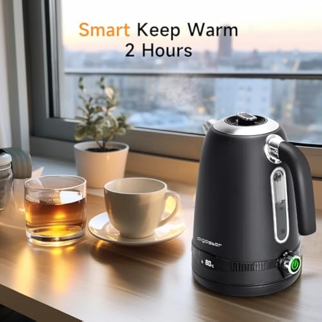 Aigostar Electric Kettle with Variable Temperature (40°C-100°C), 1.7L Digital Kettle Keep Warm, Fast Boil Smart Eco Kettle, Boil-Dry Protection, Stainless Steel, 2200W, Black - Loki
