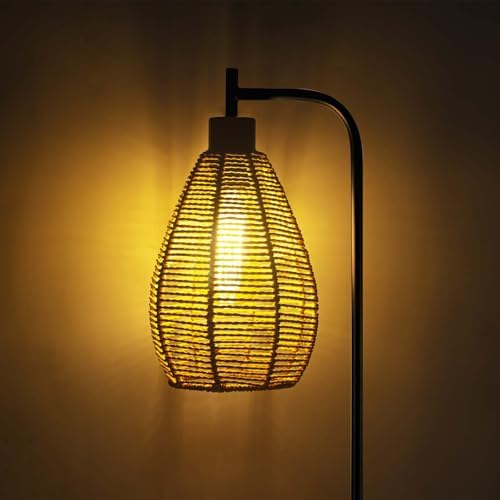 ArcoMead Farmhouse Floor Lamp, Tall Standing Whole Metal Light with Hand-Woven Paper Rope Teardrop Cage Head & Foot Switch, Boho Standing Lamps, Black Reading Lights for Bedroom, Living Room, Decor