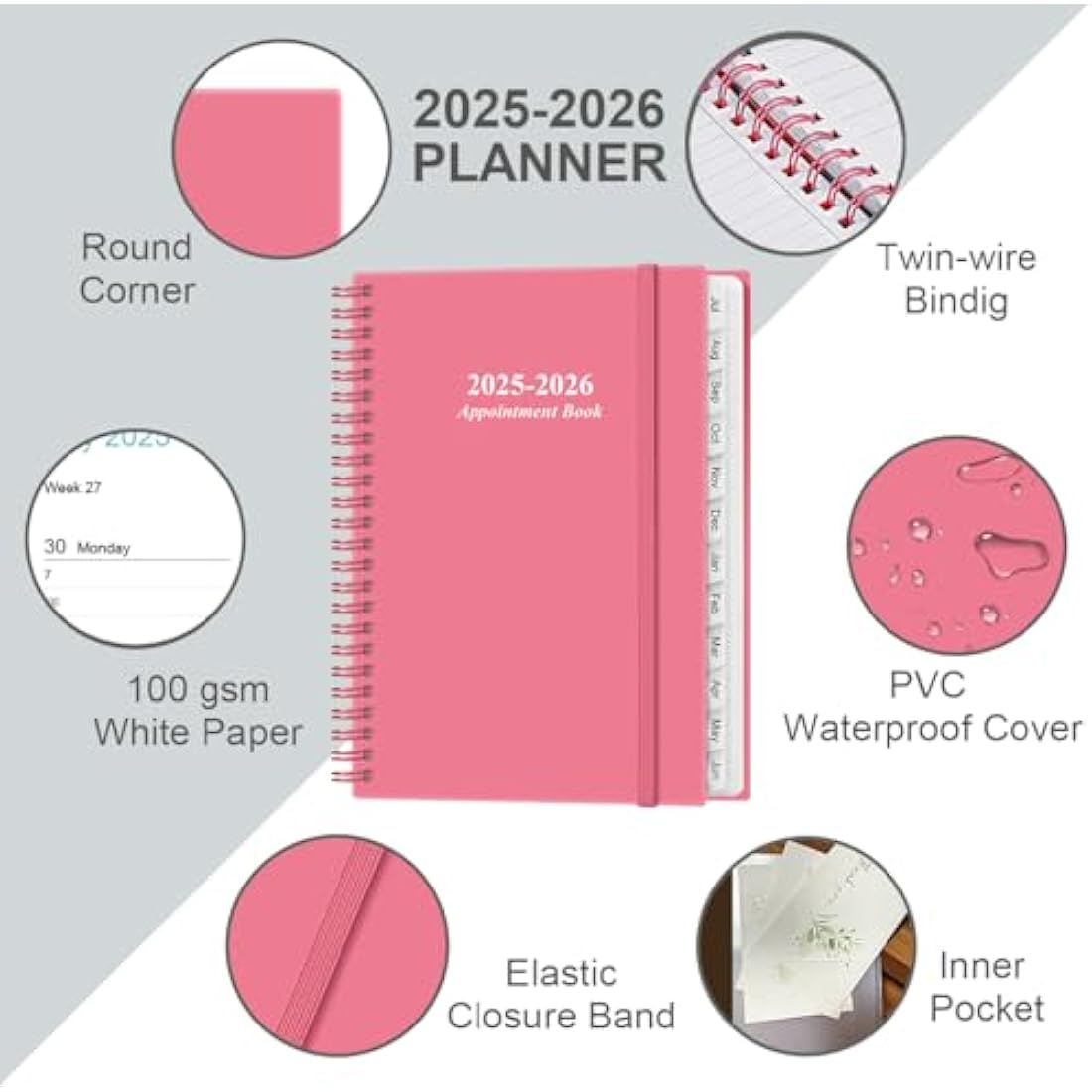 2024-2025 Appointment Book & Planner - A5 2024-25 Daily Hourly Planner from July 2024 - June 2025, Weekly Appointment Book with 30-Minute Interval, Medium 6.4" x 8.5", Pink