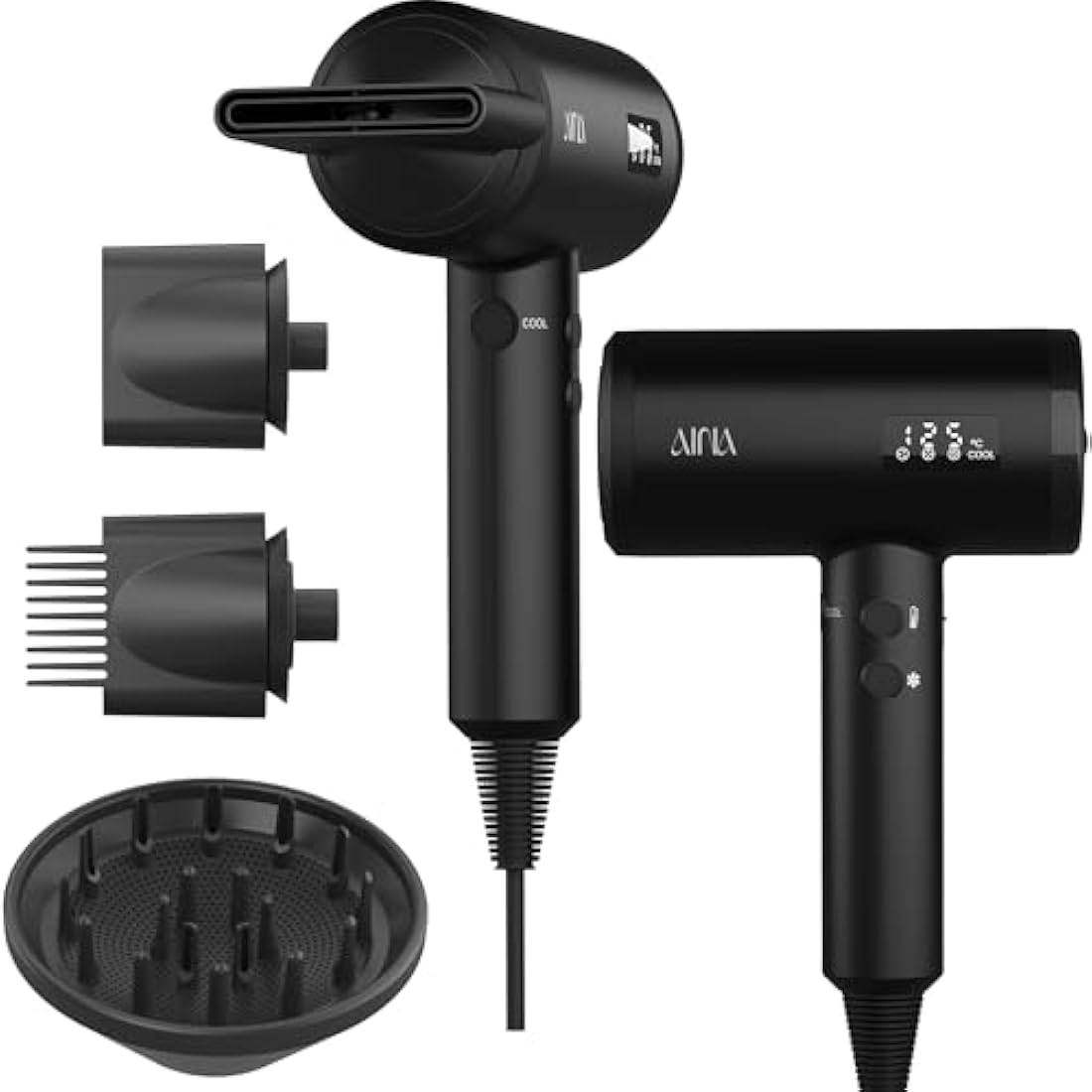 AINA Professional Salon Hair Dryer,2300W Blow Dryer with Diffuser Brush Comb for Women-BLDC Hair Dryer-Brushless Motor 150,000 RPM,Ionic,LED Display,4 Magnetic Attachments (Black)