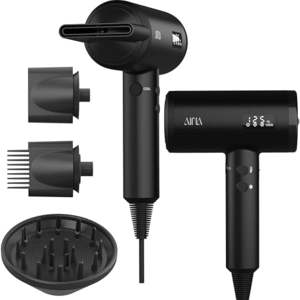 AINA Professional Salon Hair Dryer,2300W Blow Dryer with Diffuser Brush Comb for Women-BLDC Hair Dryer-Brushless Motor 150,000 RPM,Ionic,LED Display,4 Magnetic Attachments (Black)