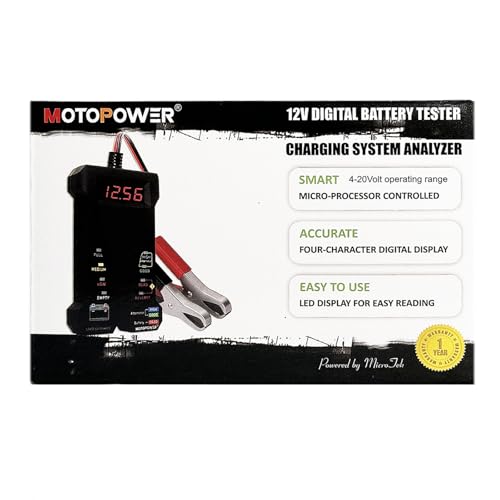 MOTOPOWER 12V Digital Battery Tester Voltmeter and Alternator Charging System Analyzer with LCD Display and LED Indication, Black Rubber Paint