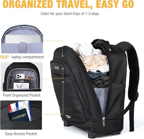 Ponhog Wheeled Backpack - 15.6 Inch Laptop Travel Backpack with 4 Spinner Wheels, Flight Approved Trolley Rucksack for Women & Men, Cabin Approved Carry On Luggage,Black