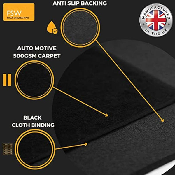 FSW - Car Floor Mats - Fits Peugeot 3008 2009-2016 - Black Carpet - Anti Slip Mat - Non Slip Car Floor Mat, Fitted With Clips & Granulated Backing - 3 Pc Floor Mat