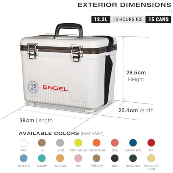 ENGEL Cooler Box 12.3 L - Leak-Proof, Air Tight, Drybox Cooler for Camping, Fishing, Hiking,Picnic - Mini Ice Boxes Large Enough for 15 Cans, 38 x 25.4 x 28.5 CM Small Cool Box for Drinks and Food
