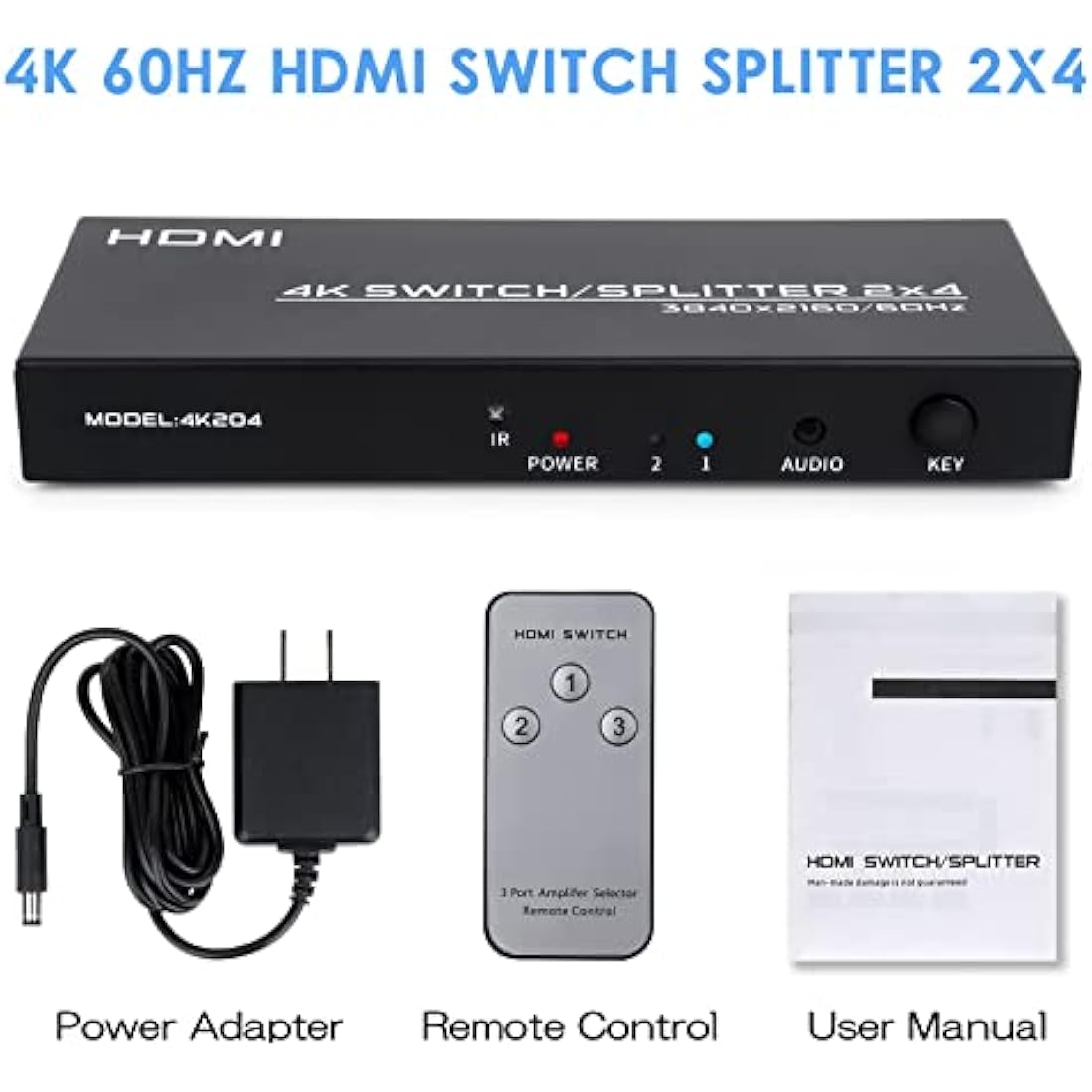 HDMI Switch Splitter 2 in 4 Out, 4K@60Hz HDMI Switch with Remote and Audio Out, Support 3D 1080P HDCP2.2 HDR for PS4, Xbox, HDTV, Blu-ray Player