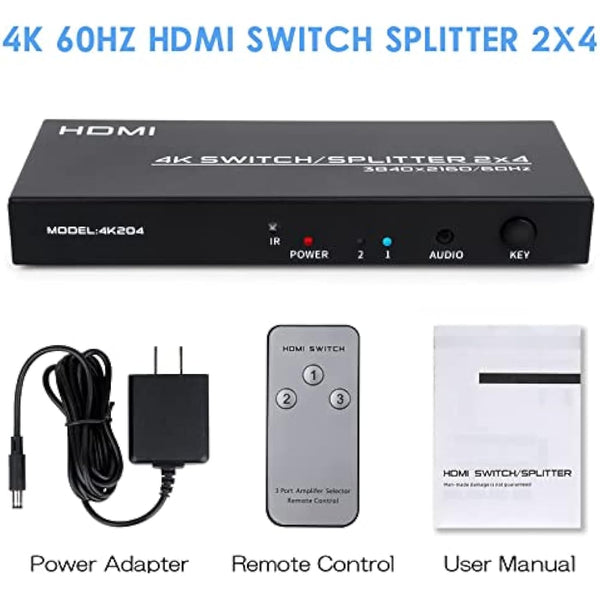HDMI Switch Splitter 2 in 4 Out, 4K@60Hz HDMI Switch with Remote and Audio Out, Support 3D 1080P HDCP2.2 HDR for PS4, Xbox, HDTV, Blu-ray Player