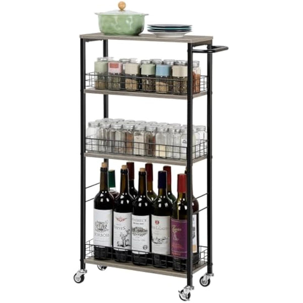 4 Tier Kitchen Storage Cart Slim Rolling Cart on Wheels Mobile Vegetable Rack with Wooden Tabletop Slide Out Utility with Handle for Living Room Laundry Pantry (Grey)