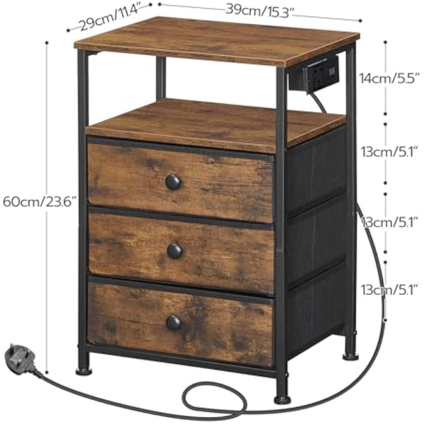 HOOBRO Bedside Table with Charging Station, End Table with 3 Fabric Drawers, Sofa Side Table with USB Ports and Socket, Nightstand for Bedroom, Living Room, Rustic Brown and Black EBF403KBZ01