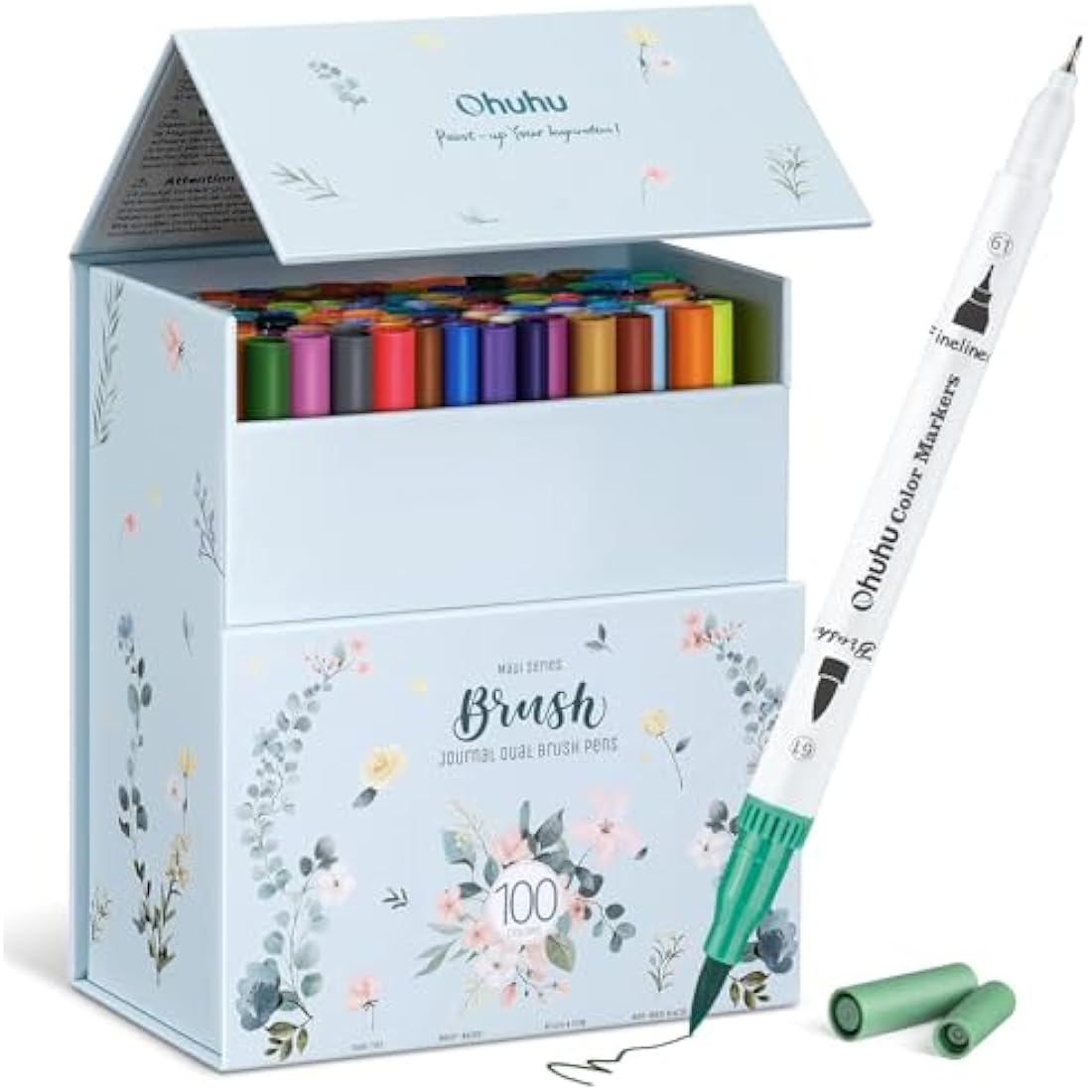 Ohuhu 100 Colouring Pens, Dual Tip Brush Pens Felt Tip Pens, Art Markers Set with Fineliner, for Kids Adults Colouring Book Drawing Calligraphy Sketching Journal, Maui - White Storage Case