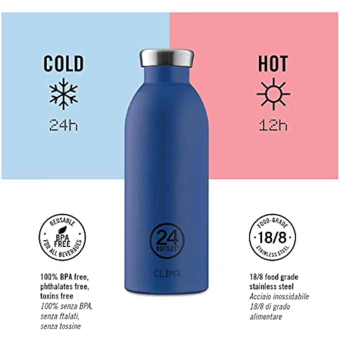 24Bottles Clima – Stainless Steel Water Bottle, Thermal Bottle 500 ml 12H Hot and 24H Cold, Ideal as a Gym, Children and Sports Bottle, 100% Airtight, Water Bottle Sustainable