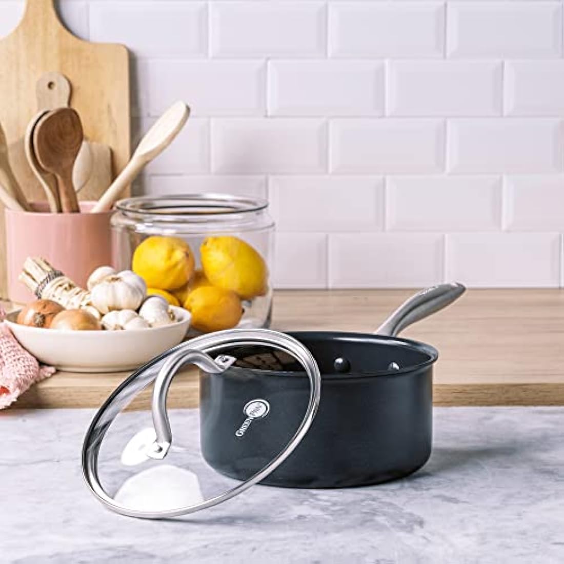 GreenPan Lima Midnight Hard Anodized Healthy Ceramic Non-Stick 20 cm/3.1 Litre Saucepan with Lid, PFAS-Free, Induction Suitable, Oven Safe, Black