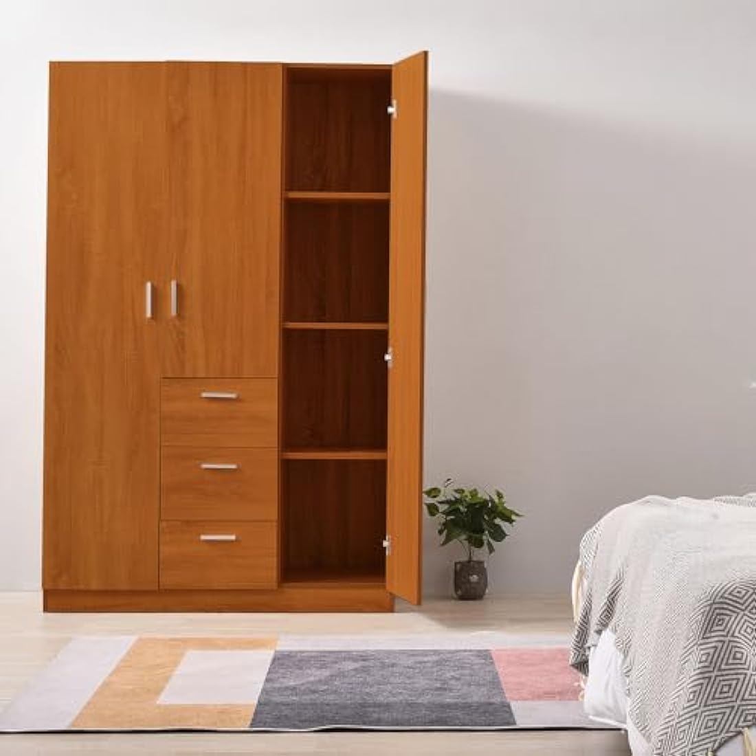 3 Door 3 Drawer Wardrobe, Modern Solid Pine Wood Wardrobe with Hanging Rail Living Bedroom Furniture (Oak)