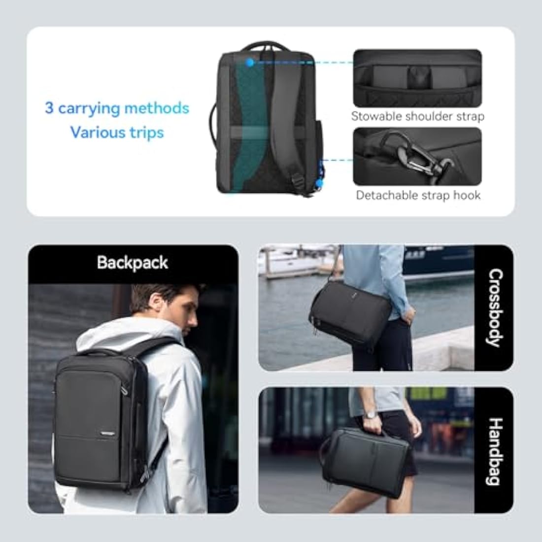 MARK RYDEN 3 in 1 Laptop Backpack Mens, 15.6 inch Business Laptop Handbag, Briefcase Backpack, Lightweight Laptop Sling Bag with USB Port-Grey