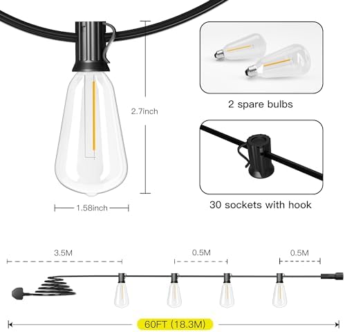Torkase Garden String Lights, 18M/60FT IP54 Waterproof LED Festoon Lights Outdoor, Indoor Outdoor ST38 String Lights for Garden, Yard, Wedding, Christmas, Backyard, Terrace, Party, Patio(30+2 Bulbs)