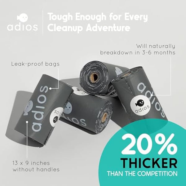 Adios Plastic - Compostable Dog Poo Bags, 360 Count (24 Rolls) - Leak‑Resistant, Extra Thick, Odour Proof Dog Waste Bags – Made from Highest Rated EN13432 Certified Cornstarch - Slate Grey