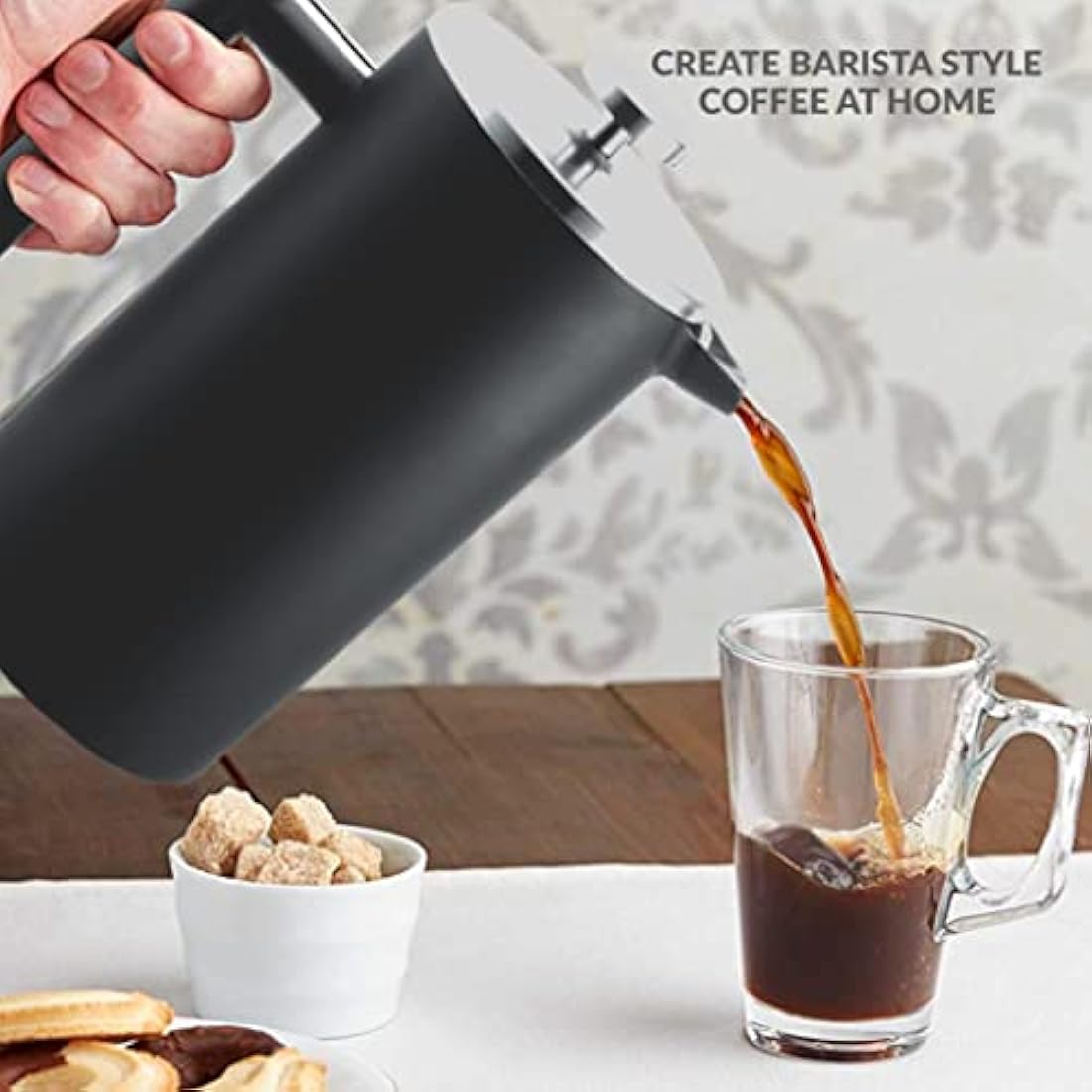 Andrew James Double Walled Stainless Steel Cafetiere Gift Set with 3 Mesh Filters, Coffee Measuring Spoon and Bag Sealing Clip, Delicious French Press Coffee, Easy to Clean (1000ml, Black)