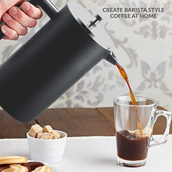 Andrew James Double Walled Stainless Steel Cafetiere Gift Set with 3 Mesh Filters, Coffee Measuring Spoon and Bag Sealing Clip, Delicious French Press Coffee, Easy to Clean (1000ml, Black)