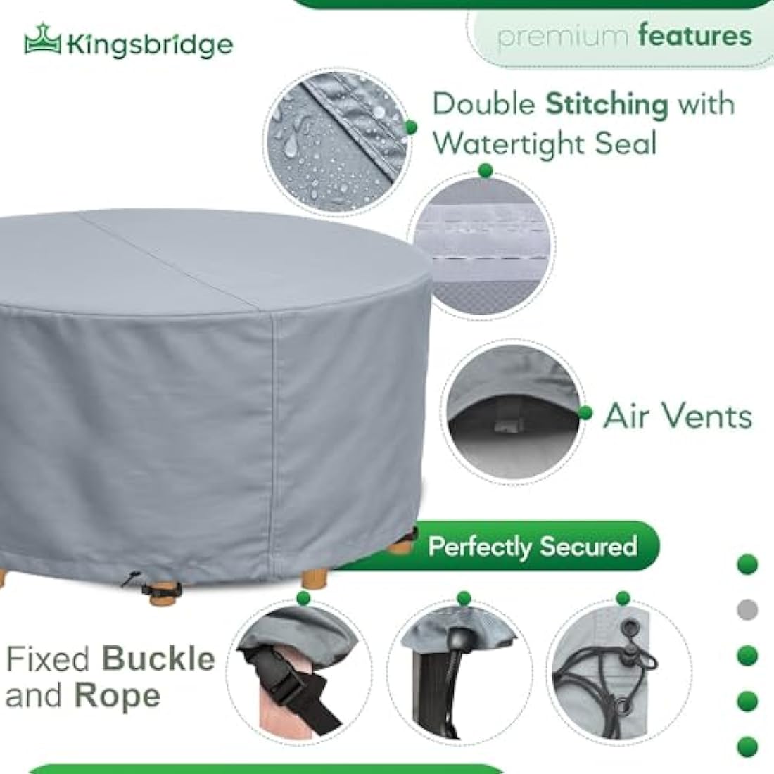 Kingsbridge Round Garden Furniture Table Cover (150cm) 600D Heavy Duty Fabric, Double Stitching, Waterproof, Anti UV, Breathable, Rip Proof, 150 x 69cm Grey Outdoor Patio Furniture Protector