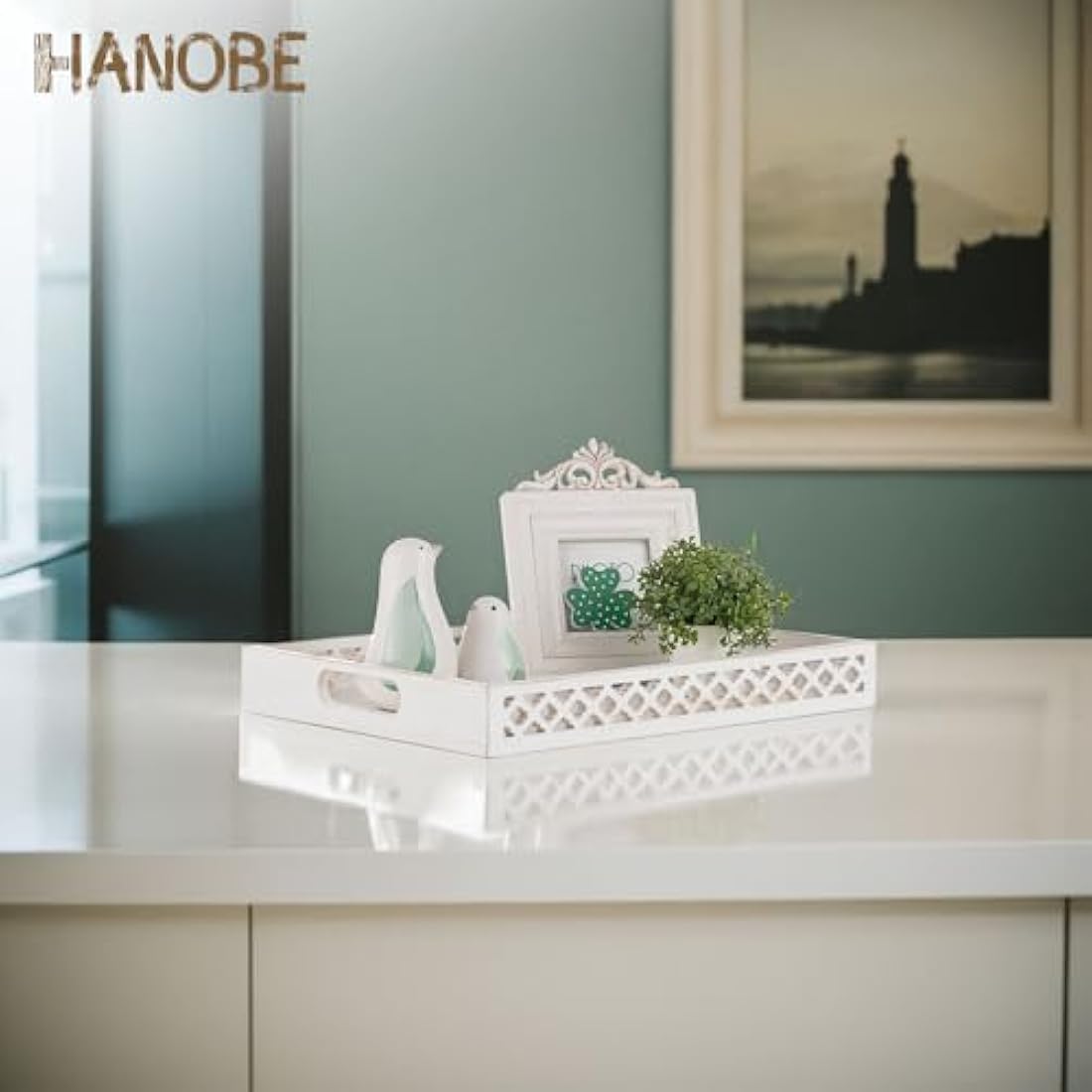 Hanobe Wooden Serving Decorative Tray: White Coffee Table Centerpiece Wood Trays with Handles for Ottoman Rectangle Large Farmhouse Home Decor, Hand Carved