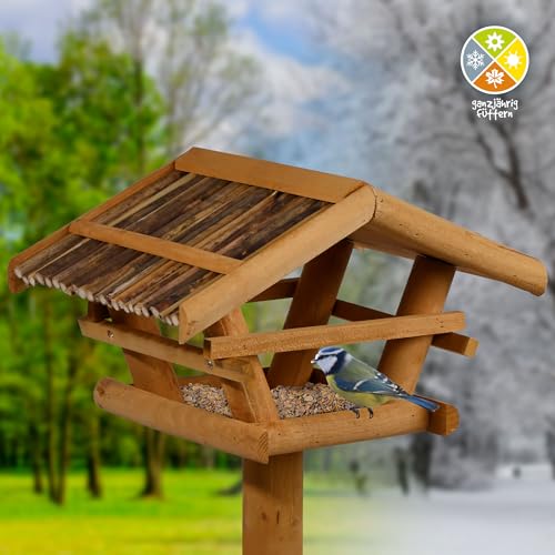 dobar? 48000FSC Bird Feeder with Stand - Wooden Bird Feeder with Reed Roof - Bird House with Tripod Stand - Bird Villa for Garden/Patio/Balcony - 44 x