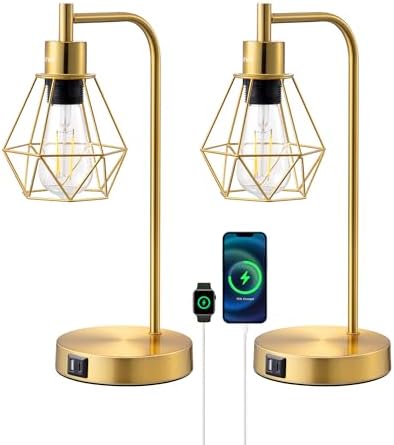 EDISHINE Bedside Lamps Set of 2, Dimmable LED Table Lamp, Diamond Cage Lampshade, USB Charging Ports, Touch Lamps for Living Room, Bedroom, E27 Socket, Bulb Included, Gold