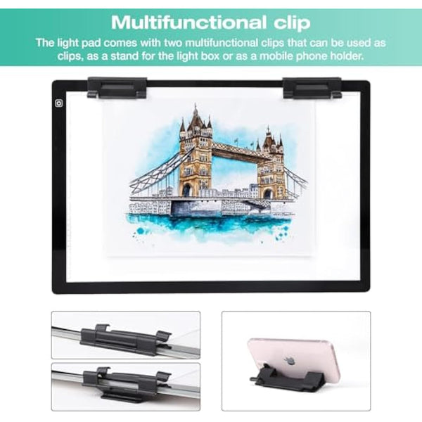 A2 Light Box for Tracing - Diamond Painting Light Board with 12v2a Adapter 2 Multi-Functional Clips, Ultra-Thin Stepless Brightness Light Pad, Drawing Light Box for Diamond Painting Sketching