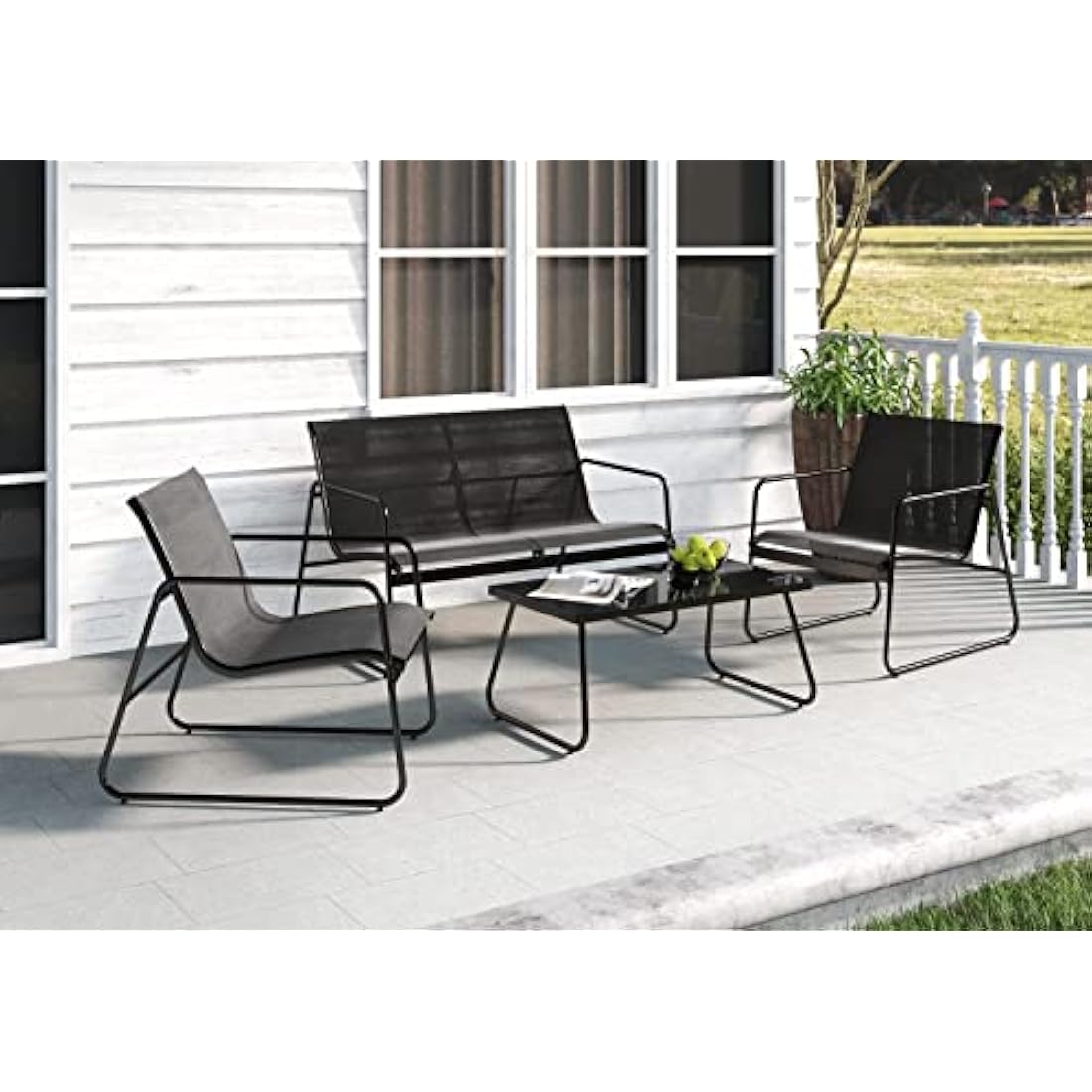 Grand patio Conversation Sets 4 Pieces, Garden Table, 2 Chairs, Loveseat, Waterproof, Breathable, Garden Furniture Sets for Outdoor, Backyard, Poolside (Black)