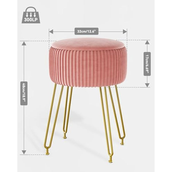 IBUYKE Velvet Storage Footrest Stool Ottoman, Makeup Vanity Stool Side Table with Golden Steel Legs Removable Cover, Coffee Table Top Cover, Pink L/G-20P