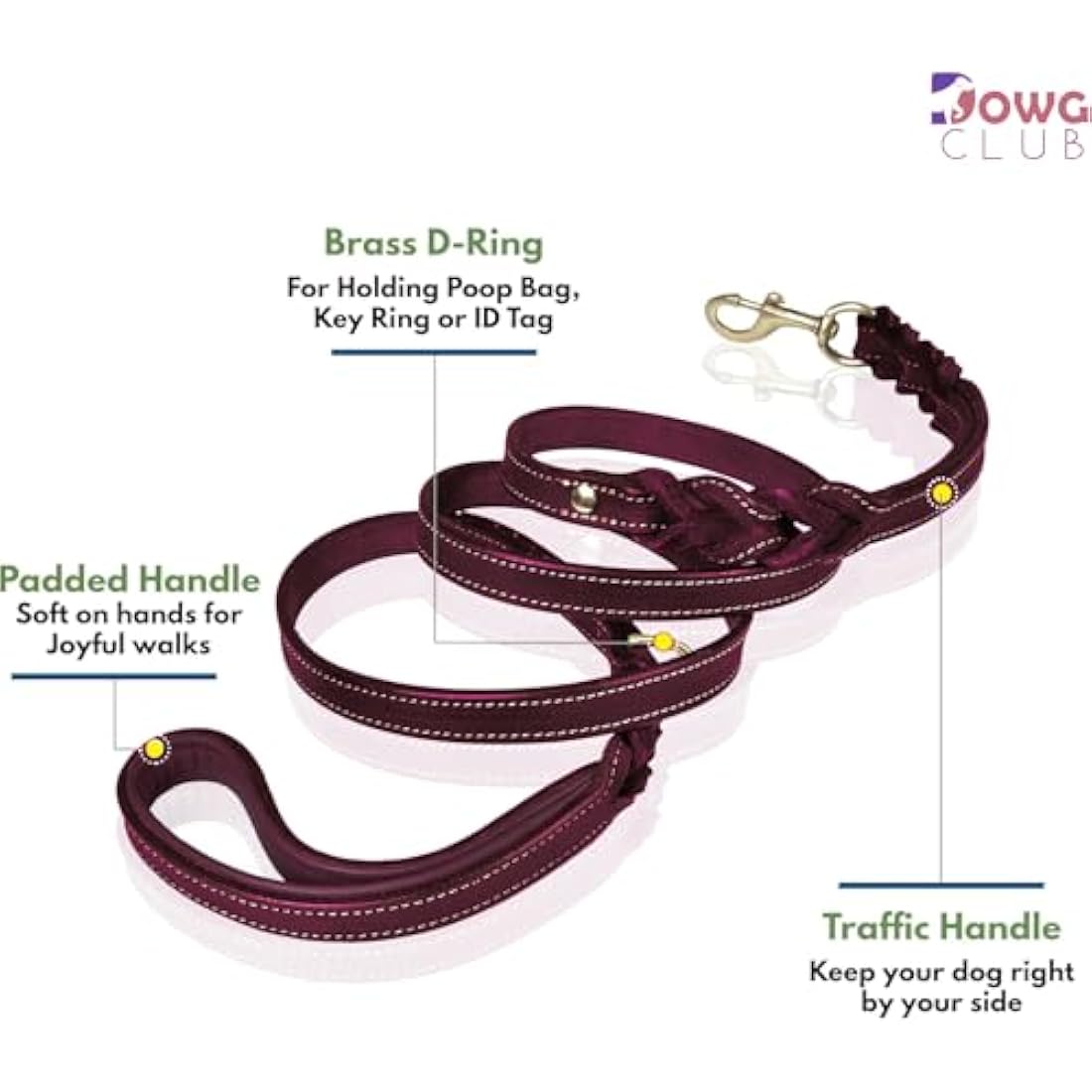 DowgClub | 6' Genuine Leather Dog Leash | Heavy Duty, Handmade, Braided, Strong | for Medium, Large, X-L Dog | Dual Handle Design, Padded & Traffic, DRing | Black, Brown, Cherry, Tan (6 feet, Cherry)