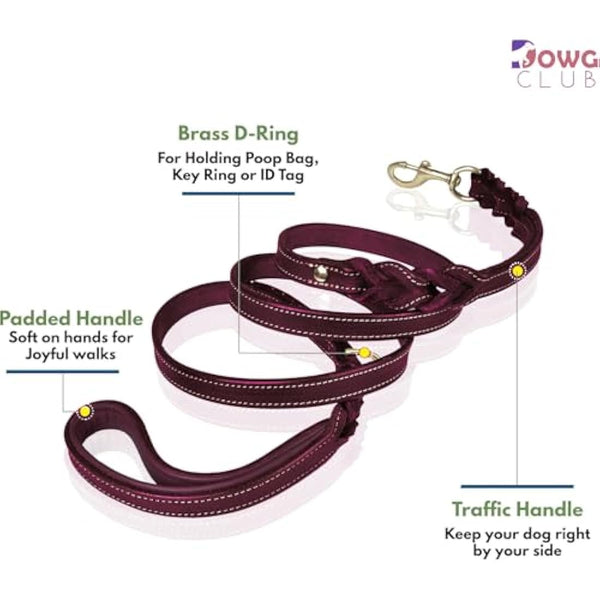 DowgClub | 6' Genuine Leather Dog Leash | Heavy Duty, Handmade, Braided, Strong | for Medium, Large, X-L Dog | Dual Handle Design, Padded & Traffic, DRing | Black, Brown, Cherry, Tan (6 feet, Cherry)