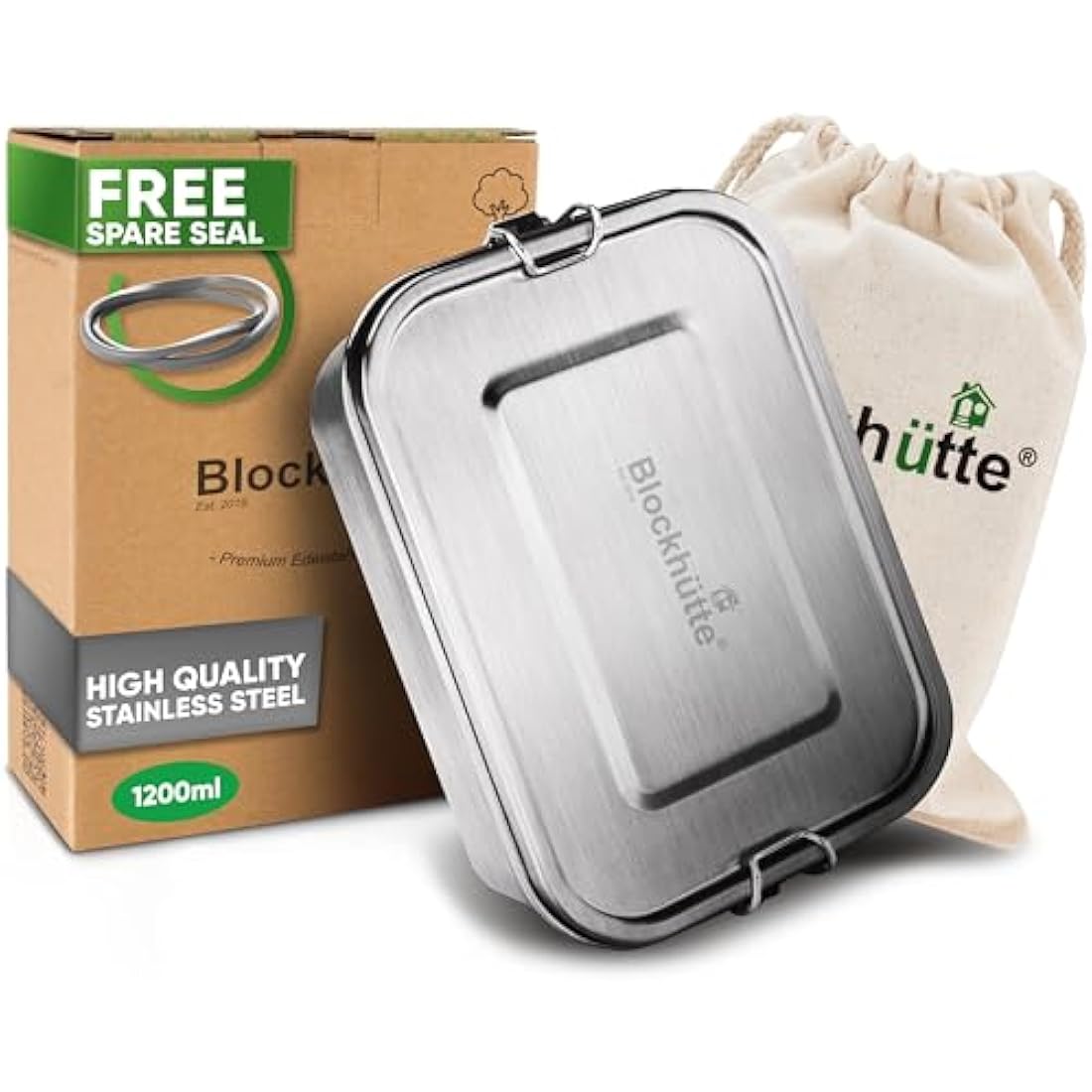 Blockhütte Stainless Steel Lunch Box for Kids and Adults I 1200ml Metal Lunch Box I Metal Bento Boxes with 2 Movable Dividers – Leakproof Lunchbox – Stainless Steel Bento Box with Spare Seal